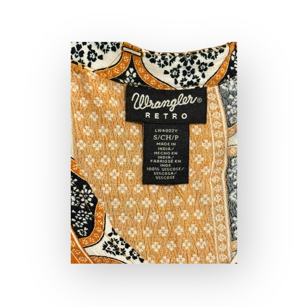 WRANGLER RETRO WOMEN'S SPLIT NECK PEPLUM PRINT MUSTARD PEASANT TOP Sz Small - Picture 3 of 7